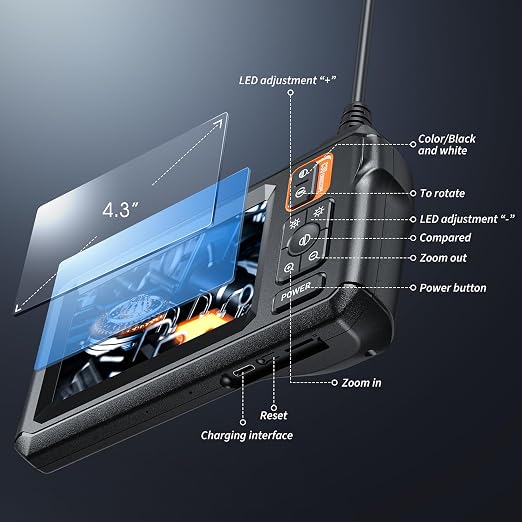 Endoscope Camera with Light, Inspection Borescope Camera with 4.3" IPS Screen, 1920P HD with 8 LED Lights, 10FT Semi-Rigid Cord Bore Scope, IP67 Waterproof Endoscope for Sewer, Tools(Orange)