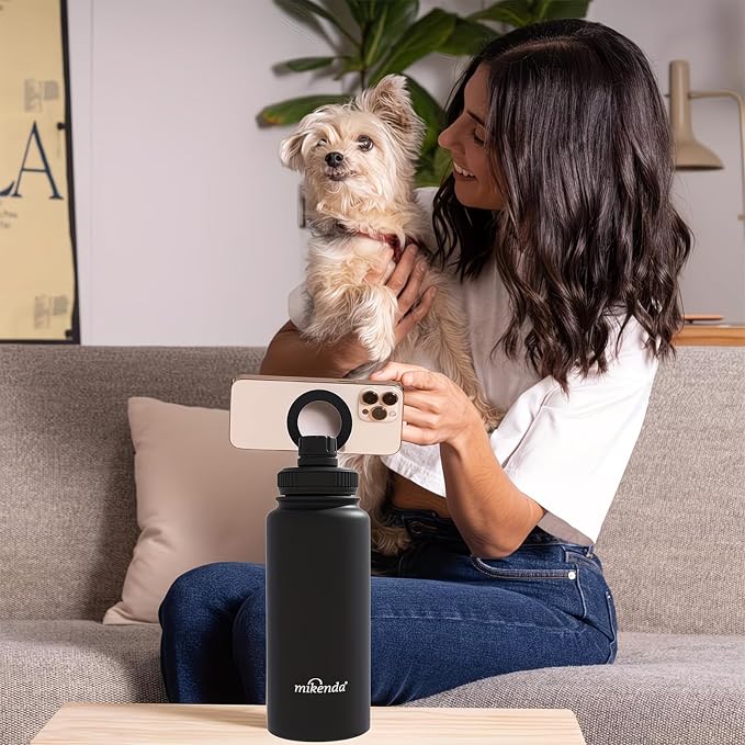 32oz Insulated Tumbler with Magnetic Phone Holder, Gym Water Bottle | Leak Proof Lid, 24hr Cold & 12hr Hot, Non-Slip Base | Travel Mug, Reusable & Eco-Friendly (black, 32, ounces)