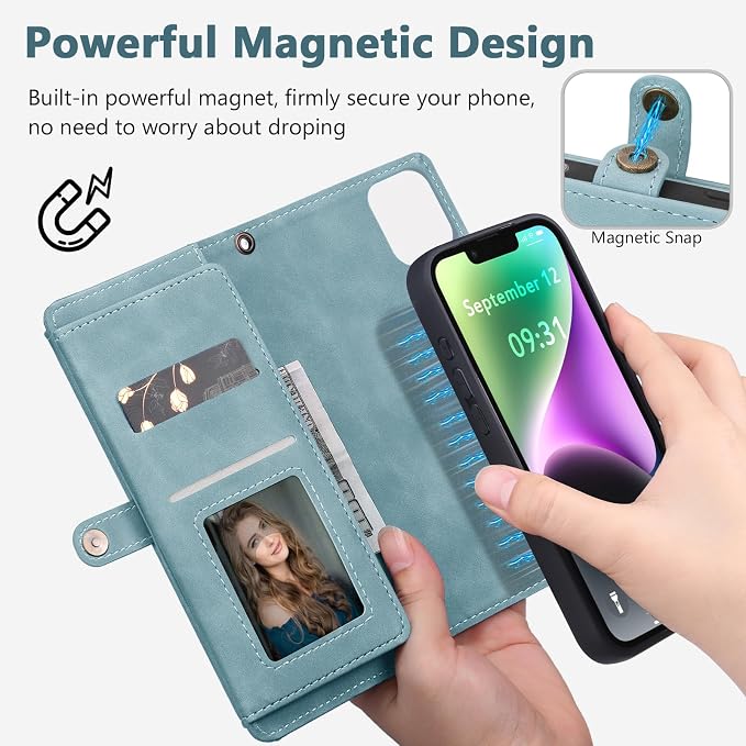 Wallet Case for iPhone 14 with Card Holder/Crossbody Wallet/Strap| RFID Blocking | Magnetic | Kickstand | Detachable | PU Leather Phone Case for iPhone 14,6.1 in,Blue