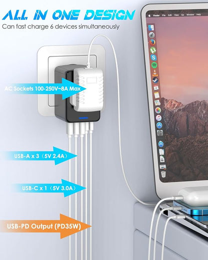 Universal Travel Adapter, 35W PD Fast Charging, for Europe UK US AU | 2 USB C 3 USB A & 2500W AC Outlet, International Power Adapter for 200+ Countries, Compatible with iPhone, MacBook,Tablet