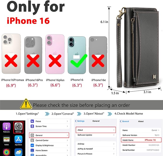 Wallet Case for iPhone 16 with Card Holder/Crossbody Wallet/Strap| RFID Blocking | Magnetic | Kickstand | Detachable | PU Leather Phone Case for iPhone 16,6.1 in,Black