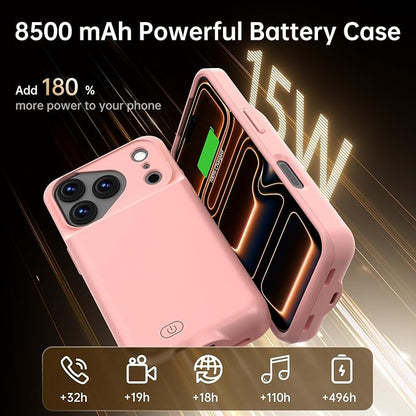 GIN FOXI Battery Case for iPhone 17 Pro Max, Charging Case Charger 8500mAh Ultra-Slim Lightweight Powerful Battery Pack 15W Fast Rechargeable Anti-Fall TPU Juice Box for 17 Pro Max (6.9") Pink