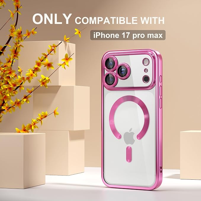 Misea Magnetic for iPhone 17 Pro Max Case Compatible with MagSafe [Never Yellowing] [Military Grade Drop Protection] Full Camera Lens Protector Plating Soft Clear Phone Case for Women, Hot Pink