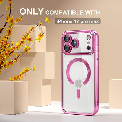 Misea Magnetic for iPhone 17 Pro Max Case Compatible with MagSafe [Never Yellowing] [Military Grade Drop Protection] Full Camera Lens Protector Plating Soft Clear Phone Case for Women, Hot Pink