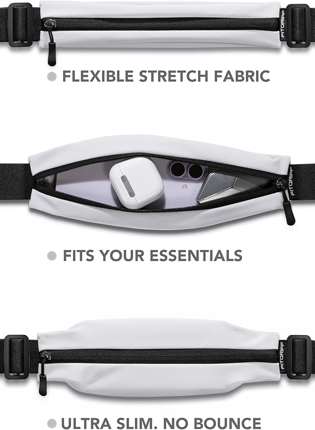 Fitgriff® Running Belt V2 for Men & Women - Slim Fanny Pack, Phone Holder for Jogging, (Fits All Cell Phones) - Money Belt, Runners Waist Pouch (White, One Size (Waist 24.4 – 43.3 inches))