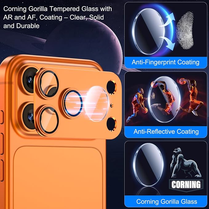 Esanik Upgrade 2 Pack for iPhone 17 Pro Max Camera Lens Protector, Aluminum Alloy Metal matte Case Tempered Glass Camera Screen Cover, Scratch Resistant Case Friendly (Orange)