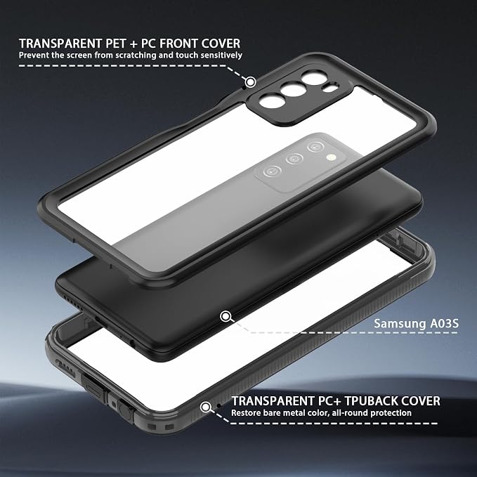 Hualele Galaxy A03S Case Waterproof, Built in Lens & Screen Protector Rugged Full Body Heavy Duty Protective Shockproof IP68 Underwater Case for Samsung Galaxy A03S Black