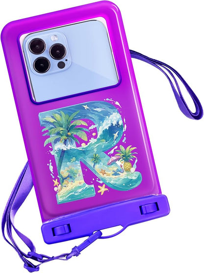 Personalized Initial Waterproof Phone Pouch Case - IPX8 Cellphone Dry Bag with Lanyard for iPhone 16/15/14/13/12 Pro Max (6.1–6.9"), Beach & Cruise Ship Essentials with Monogrammed Design (Purple, R)