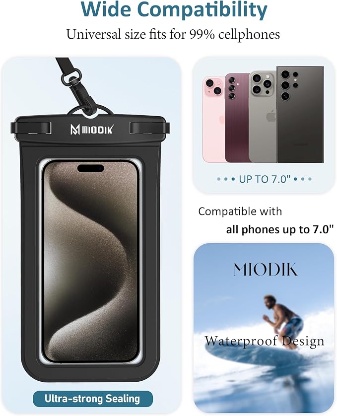 MIODIK Waterproof Phone Pouch with Detachable Lanyard, IPX8 Outdoors Travel Beach Cruise Ship Essentials, [Up to 7.0" Large] Fits for All iPhones (15, 14, 13...), Galaxy S24 S23 S22 - Black