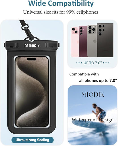 MIODIK Waterproof Phone Pouch with Detachable Lanyard, IPX8 Outdoors Travel Beach Cruise Ship Essentials, [Up to 7.0" Large] Fits for All iPhones (15, 14, 13...), Galaxy S24 S23 S22 - Black