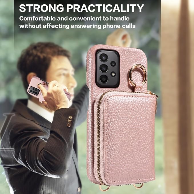 Wallet Case for Samsung Galaxy A73 5G with Shoulder Strap Ring Buckle, Luxury PU Leather Zipper Flip Organ Purse Credit Card Holder Stand Full Body Cell Phone Cover for A 73 Women Men Rose Gold