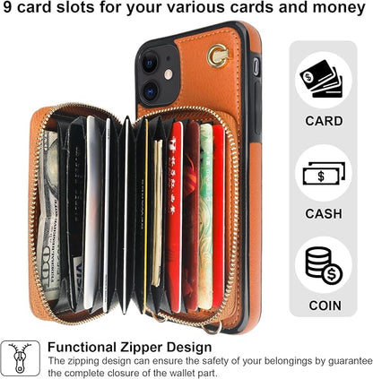Bocasal Crossbody Wallet Case for iPhone 11, RFID Blocking Leather Purse Case with Card Holder, Protective Handbag Flip Cover with Zipper Wrist Strap Lanyard for Women 6.1 Inch (Brown)