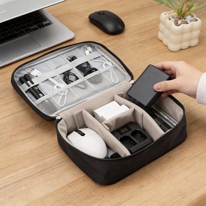 Cable Organizer Bag, Electronic Accessories Travel Case, Waterproof Double Layer Storage Bag for Charger, Cord, Phone, Earphone, Portable Carry Pouch for Travel & Daily Use (Black)