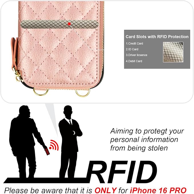 Bocasal Crossbody Wallet Case for iPhone 16 Pro, RFID Blocking PU Leather Zipper Handbag Purse Flip Cover, Kickstand Folio Case with Card Slots Holder Wrist Strap Lanyard 5G 6.3 Inch (Rose Gold)