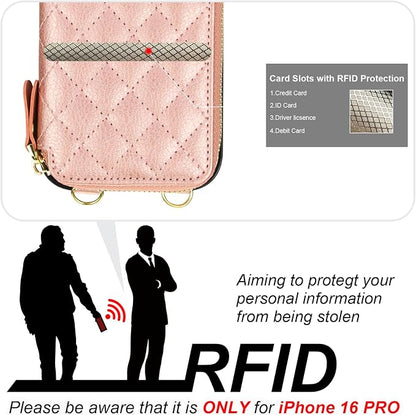 Bocasal Crossbody Wallet Case for iPhone 16 Pro, RFID Blocking PU Leather Zipper Handbag Purse Flip Cover, Kickstand Folio Case with Card Slots Holder Wrist Strap Lanyard 5G 6.3 Inch (Rose Gold)