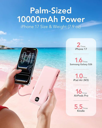 Portable Charger Power Bank Built in Cables and Wall Plug, 10000mAh iPhone Battery Pack Fast Charging, USB C External Slim Power Bank, Travel Essentials Compatible with iPhone 16 15 14 13 iPad, Pink