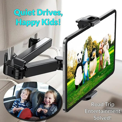 Adjustable Car Headrest Tablet and Phone Holder, Backseat Mount with Extendable Arm, Universal Fit Travel Stand for Smartphones and Tablets, Secure & Stable for Road Trips