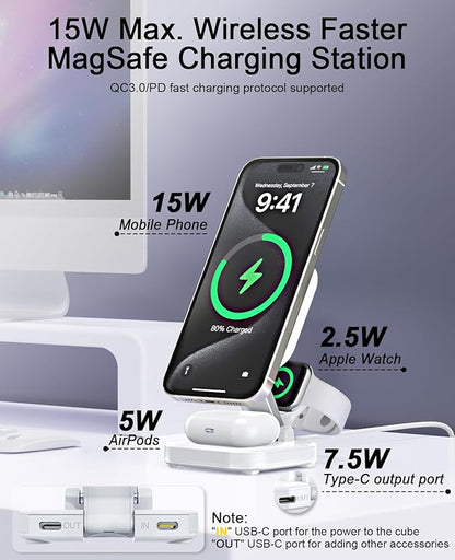 5-in-1 Magnetic Wireless Charging Stand for Apple MagSafe Charger with Night Light for iPhone 17/16/15/14/13/12, Watch, AirPods, Travel Magnetic Charger Nightstand Charging Station (Adapter Included)