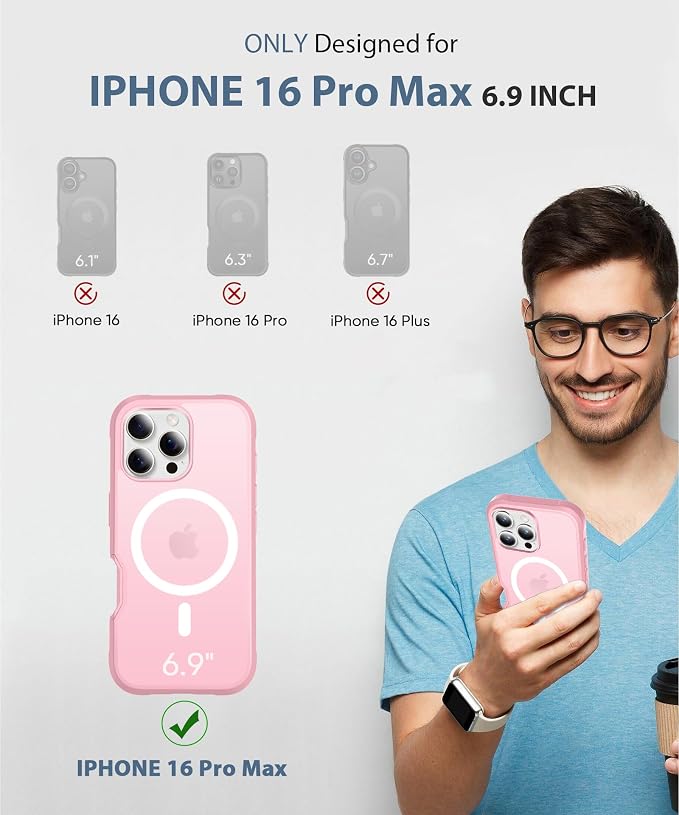 Compatible with iPhone 16 Pro Max Case, Built-in Screen Protector, with Camera Lens Protector, [Compatible with MagSafe] Matte Back Full Body Phone Case, Protective Cover for 6.9 Inch (Pink)