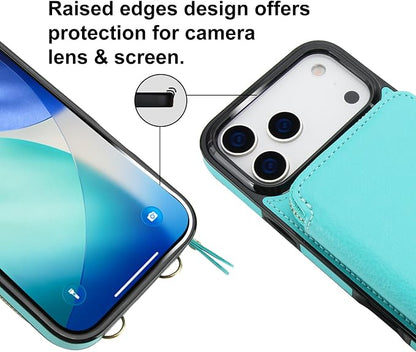 Bocasal Crossbody Wallet Case for iPhone 17 Pro Max, RFID Blocking Leather Purse Case with Card Holder, Protective Handbag Flip Cover with Zipper Wrist Strap Lanyard for Women 5G 6.9 Inch (Mint Green)