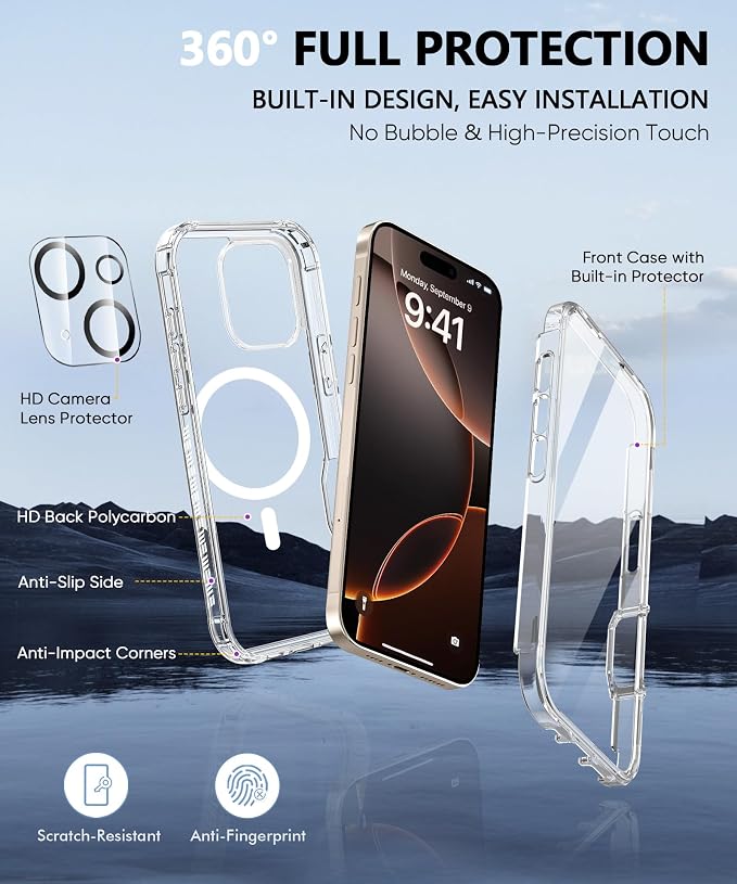 Compatible with iPhone 16 Pro Case Clear, Built-in Screen Protector, with Camera Lens Protector, [Compatible with MagSafe] Full Body Phone Case, Protective Cover for 16Pro 6.3" (Clear)