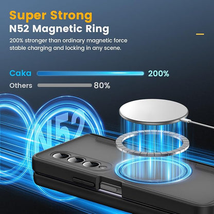 Caka Magnetic for Samsung Galaxy Z Fold 4 Case with Hinge Protection Black | Compatible with MagSafe, Built-in Outer Screen Protector, Hinge Guard, Translucent Matte Back, 360° Hybrid Drop Defense