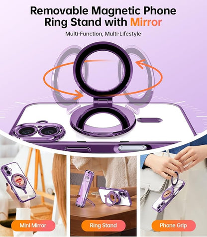 Meifigno Magnetic Case with Removable Phone Ring Stand for iPhone 16 Plus, [Glitter Card & Wrist Strap] [MagSafe Compatible] [Built in Mirror] Magnetic Phone Ring Holder + 16 Plus Case Kit, Purple