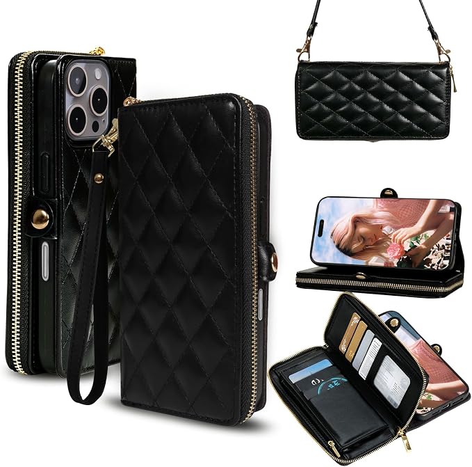 Rssviss Crossbody Case for iPhone 16 Pro, RFID Blocking Leather Case Wallet with Kickstand, Zipper Flip Cover with Wrist Strap, Black