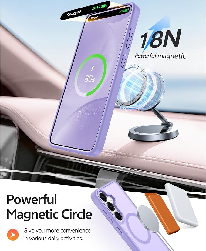 FNTCASE for Samsung Galaxy S25/S24 Case, Fit for Magsafe, Screen Protector | Translucent Matte Magnetic Back, 14FT Military Grade Drop Protection, Shockproof Protective Phone Cover, Light Purple