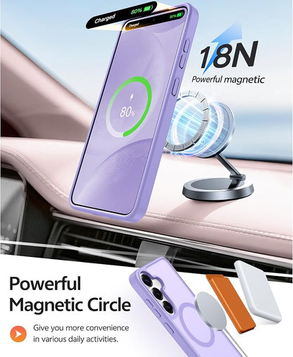 FNTCASE for Samsung Galaxy S25/S24 Case, Fit for Magsafe, Screen Protector | Translucent Matte Magnetic Back, 14FT Military Grade Drop Protection, Shockproof Protective Phone Cover, Light Purple