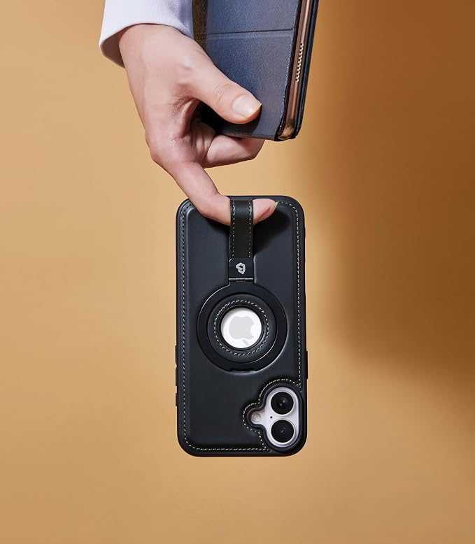 for iPhone 16 Plus Leather Case with Stand, Anti-Slip Grip Ring, Fits for MagSafe (Black, iPhone 16 Plus)