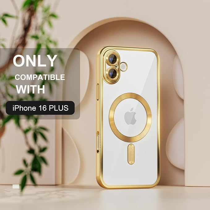Misea Magnetic for iPhone 16 Plus Case Compatible with MagSafe [Never Yellowing] [Military Grade Drop Protection] Full Camera Lens Protector Plating Soft Clear Phone Case for Women 6.7", Gold