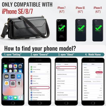 Strapurs Crossbody Wallet Case Compatible with iPhone SE/7/8 RFID Blocking 7-Card Holder Soft PU Leather Magnetic Snap Shoulder Strap Zipper Pocket Phone Cases Fit for iPhone SE 2020 2022 - Black