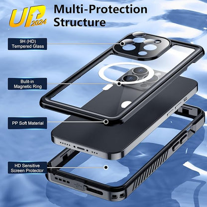 Temdan Magnetic for iPhone 13 Pro Max Case Waterproof, Built-in Screen Protector[IP68 Underwater][Compatible with MagSafe][Military Dropproof] Protective Case for iPhone 13 Pro Max-Black/Clear