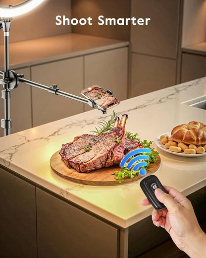 LUXSURE Ring Light with Stand for Phones, Tripod with Ring Light for iPhone, Overhead Phone Mount 10.5" with Phones Stand and Remote, Phone Tripod with Light for Video Recording/Live Stream/Cooking