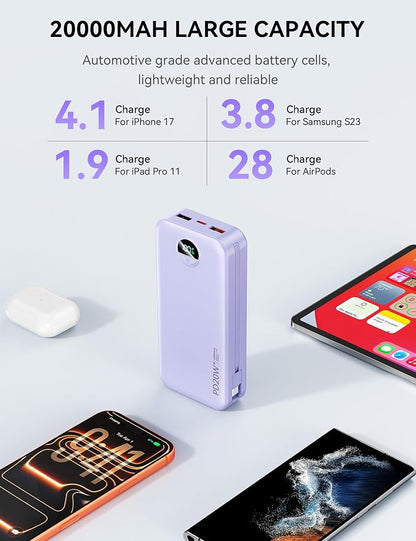 Nusyddy Portable Charger 20000mAh PD20W w/Built-in Cables & Wall Plug Purp. | PD20W Fast Charging, High Capacity, LED Display, Charge 5 Devices at once, TSA Approved, Compatible with iPhone/iPad/Samsung