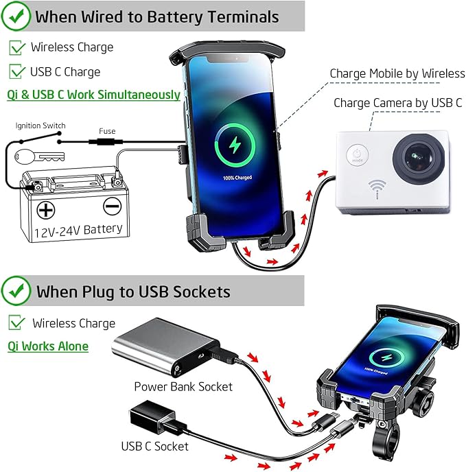 iMESTOU Motorcycle Fork Stem Phone Mount Wireless/USB C Charger with RAM 1" Ball Fits for Kawasaki, Ducati, Honda, BMW etc. with Fork Hole Dia. 0.47"-1" Quick Charge for 4.0"-6.8" Smartphones