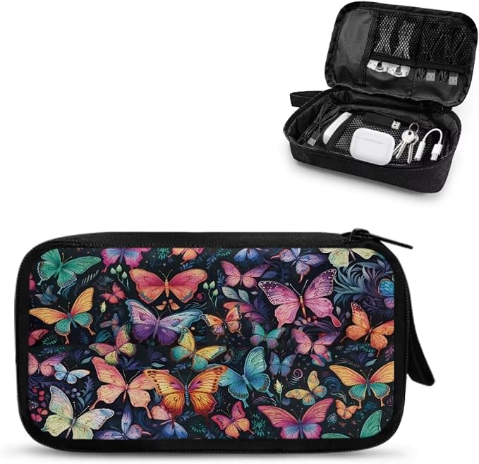 Colorful Butterfly Print Electronic Organizer Pouch Bag, Travel Cable Organizer Bag Multifunctional Case for Cable, Cord, Charger, Hard Drive, Earphone