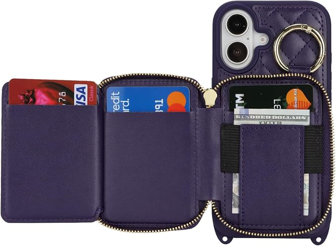 Crossbody Wallet Case for iPhone 17, PU Leather Zipper Handbag Purse Flip Cover, Kickstand Folio Case with Card Slots Holder Wrist Strap Lanyard 5G 6.3 Inch-Purple