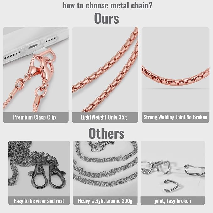MOUTAKEY Metal Cell Phone chain Crossbody Phone lanyard with 2 Tether Tabs Detachable iPhone Chain Crossbody Strap,Non-rusting,Solid,iPhone Lanyard for Women Girls Travel Shopping Party Camping