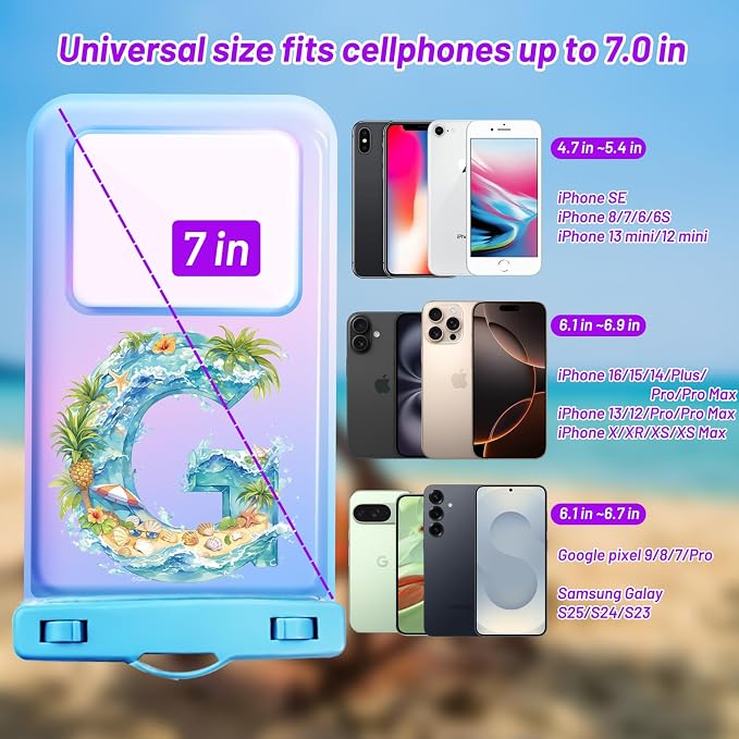 Personalized Initial Waterproof Phone Pouch Case - IPX8 Cellphone Dry Bag with Lanyard for iPhone 16/15/14/13/12 Pro Max (6.1–6.9"), Beach & Cruise Ship Essentials with Monogrammed Design (Blue, G)