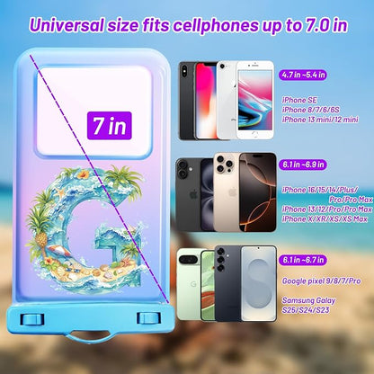 Personalized Initial Waterproof Phone Pouch Case - IPX8 Cellphone Dry Bag with Lanyard for iPhone 16/15/14/13/12 Pro Max (6.1–6.9"), Beach & Cruise Ship Essentials with Monogrammed Design (Blue, G)