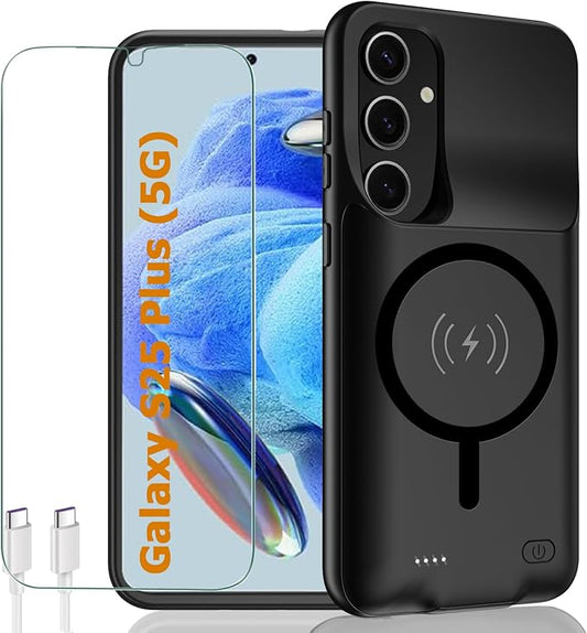 Battery Case for Galaxy S25 Plus,12000mAh Portable Protective Smart Wireless Charging Case Support Carplay Compatible with Galaxy S25 Plus(6.7 inches)Rechargeable Extended Battery Charger Case(Black)
