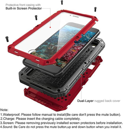 Beasyjoy for iPhone SE 2022/2020/ 8/7 Metal Case, Waterproof Heavy Duty Case with Screen Protector, Full Body Protection Military Grade Shockproof Defender Durable Sturdy Rugged Aluminum Case, Red