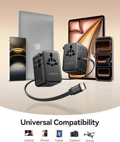 ORICO Universal Travel Adapter 70W GaN International Power Adapter | 7 in 1 (2 AC, 3 USB-C, 2 USB-A) European Travel Plug Adapter, Built-in Retractable USB-C Cable for Eu UK AU 200+ Countries