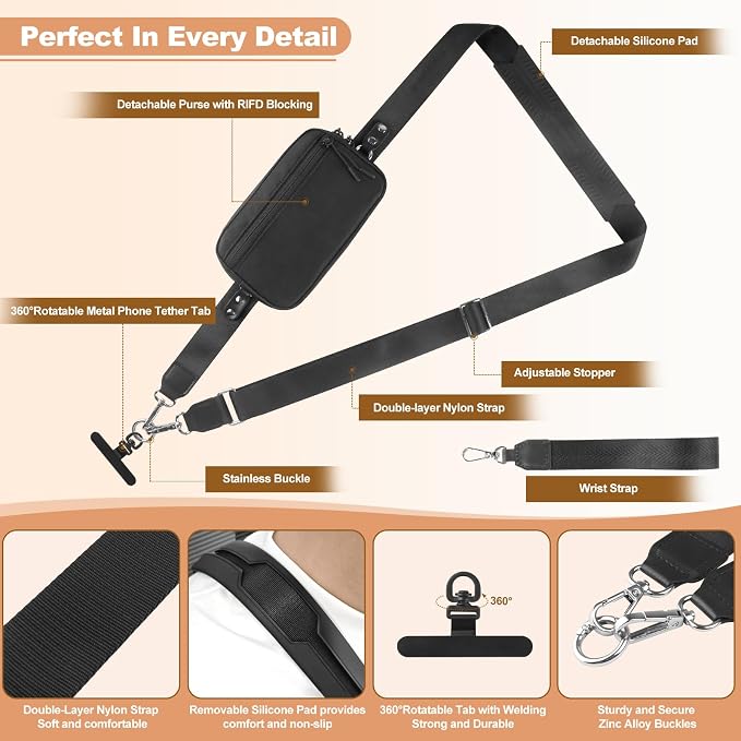 YFWE Clip and Go Strap for Phone with Wallet Crossbody, Adjustable Phone Lanyard with Detachable RFID Wristlet Wallet, Black (L)