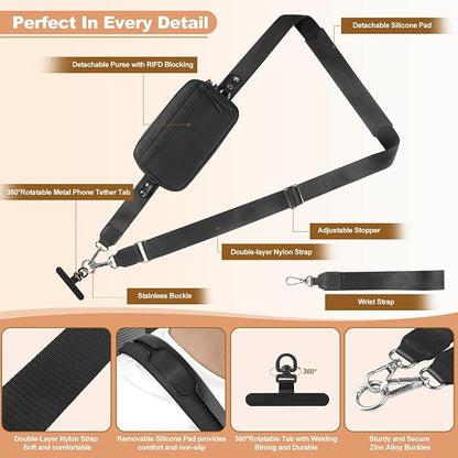 YFWE Clip and Go Strap for Phone with Wallet Crossbody, Adjustable Phone Lanyard with Detachable RFID Wristlet Wallet, Black (L)