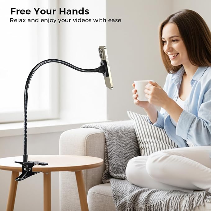 Magnetic Cell Phone Stand Holder for Bed Laying Down, Lazy Bedside Gooseneck Phone Mount with Clamp Clip for Desk, Desk Tripod for iPhone, Compatible with Magsafe All Smartphone