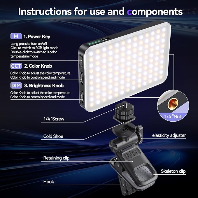 Selfie Light Phone Light Clip 129 LED RGB Lighting 10 Lighting Modes for iPhone Laptop Camera Portable Fill Light for Selfies Video Conferencing Photography TikTok YouTube Vlog Shooting