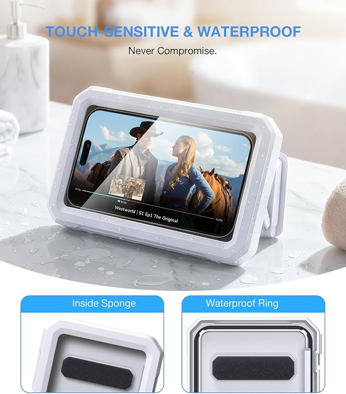 Romuto Shower Phone Holder Waterproof【480° Rotation】HD Touch Screen & Anti-Fog phone shower holder, IPX6 Waterproof Clear Sound Bathroom Accessories for iPhone 17 16 Pro Max Air, S25 Ultra, 4-7" Phone